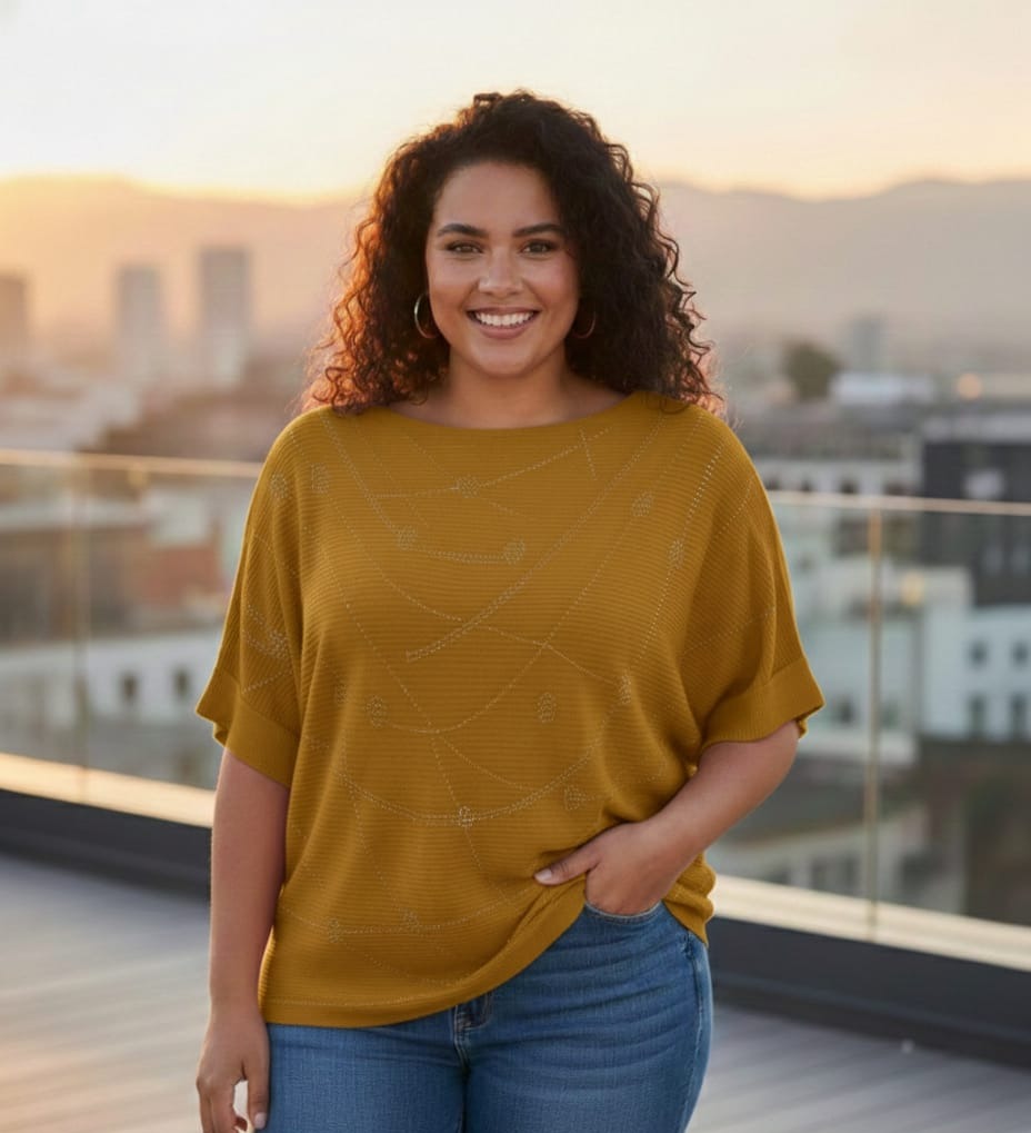 Ribbed Knit Top with Embellished Graphic Detail