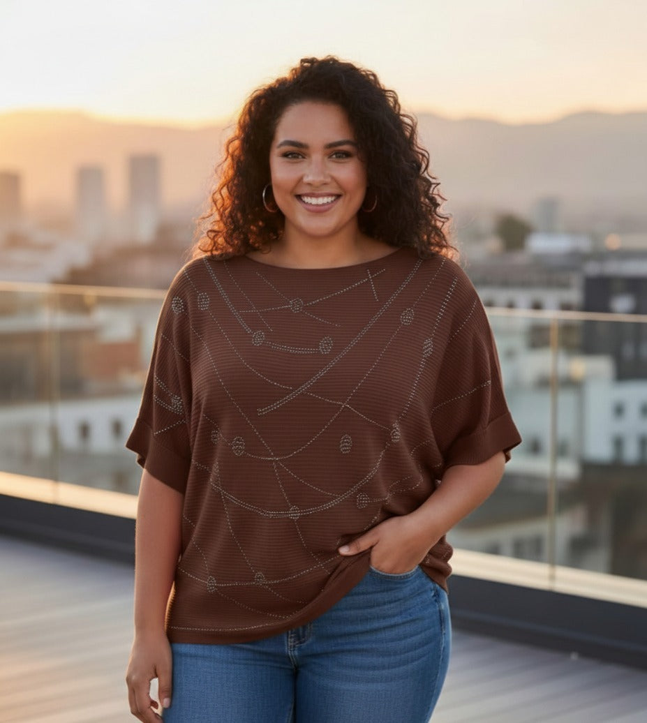 Ribbed Knit Top with Embellished Graphic Detail