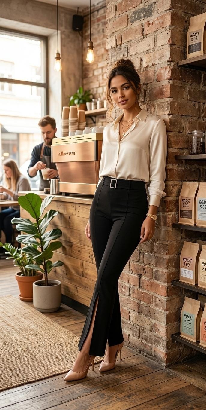 High-Waisted pants with a front buckle and front cut
