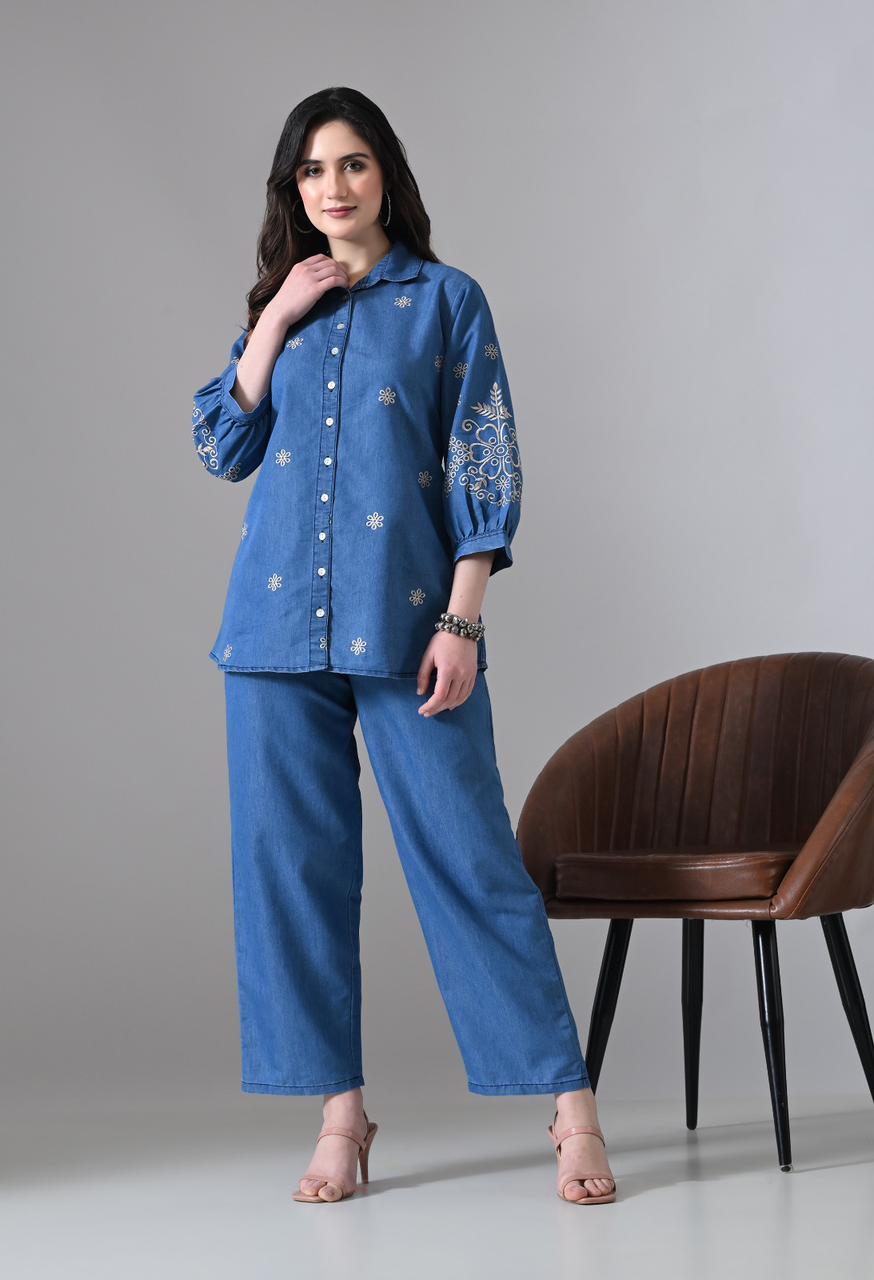 Floral Embroidered Denim Co-ord Set