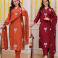 V-Neck Silk Kurta Set with White Floral Embroidery
