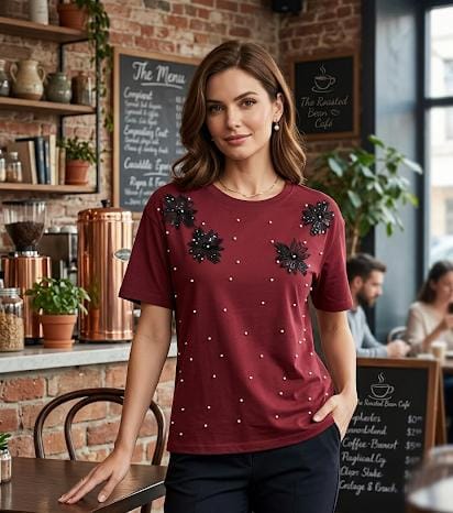 3D Flower & Pearl Detail Casual Tee