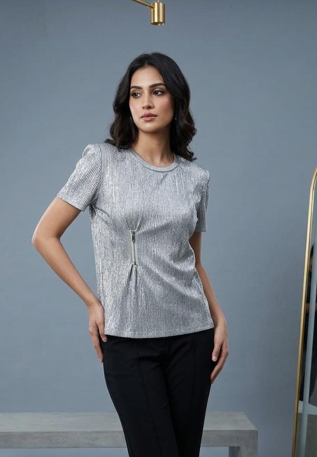 Metallic Ribbed Zip-Accent Top