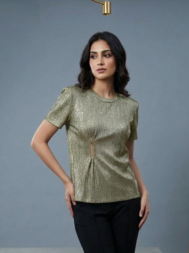 Metallic Ribbed Zip-Accent Top