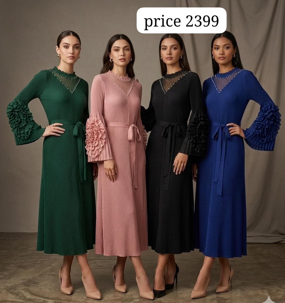 Fluted Sleeve Ribbed Midi with Pearl Accents