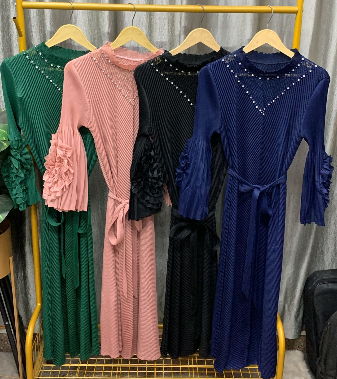 Fluted Sleeve Ribbed Midi with Pearl Accents