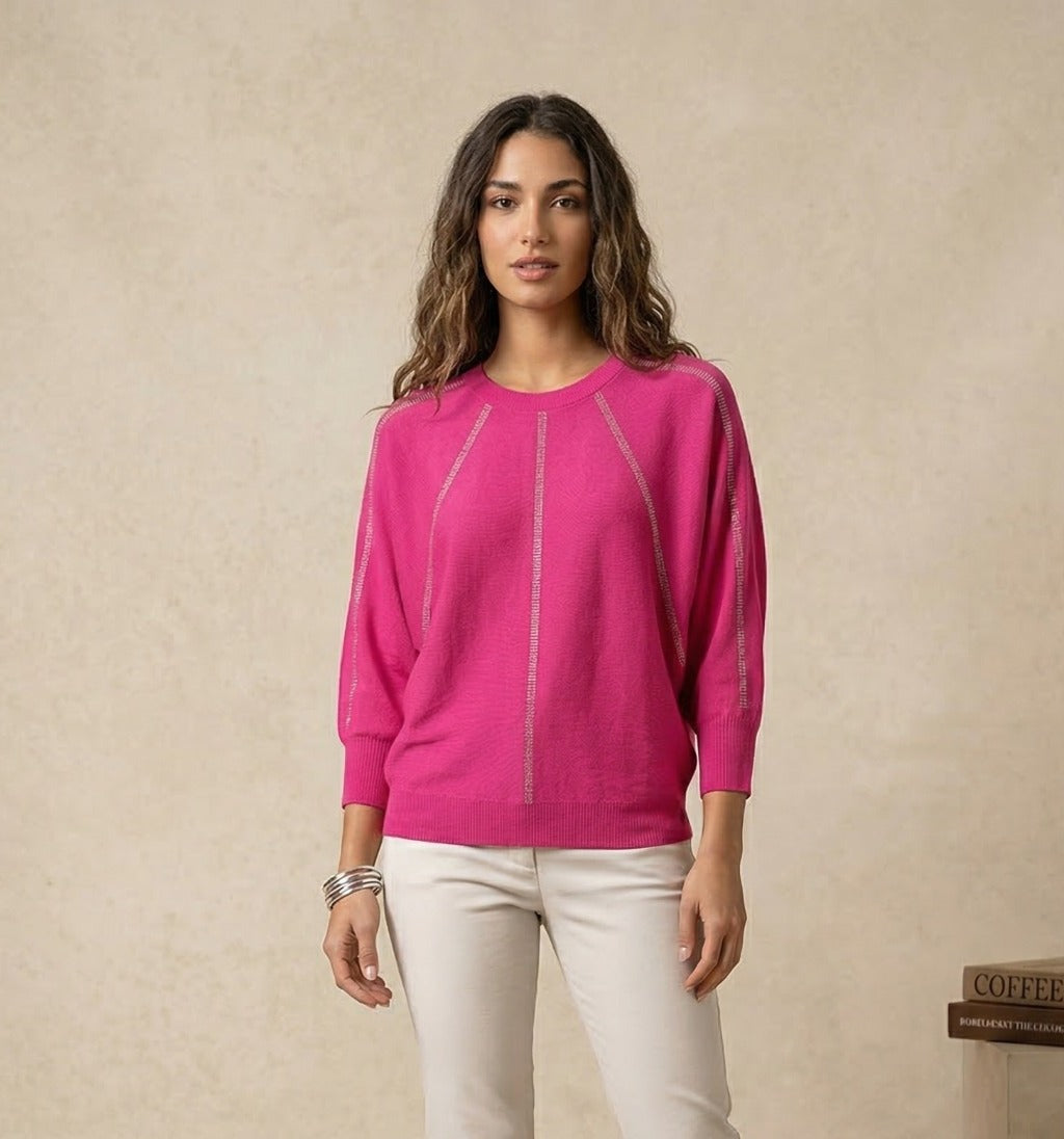 Rhinestone Trim Radial Stripe Round Neck top