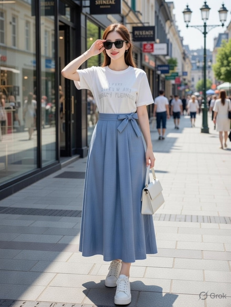 High-Waisted A-Line Maxi Denim Skirt with Bow