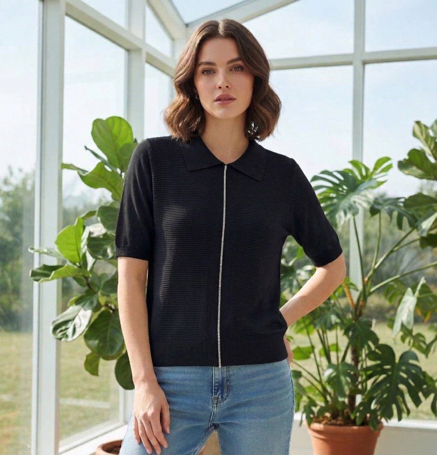 Linear Rib Collared Top🩷