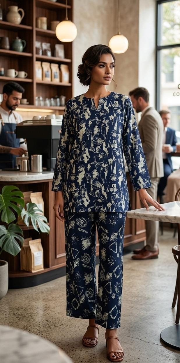 Indigo Abstract Tunic and Wide-Leg Trouser cotton cord Set