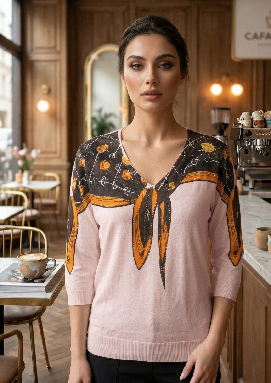 Scarf-Detail  Print V-Neck top