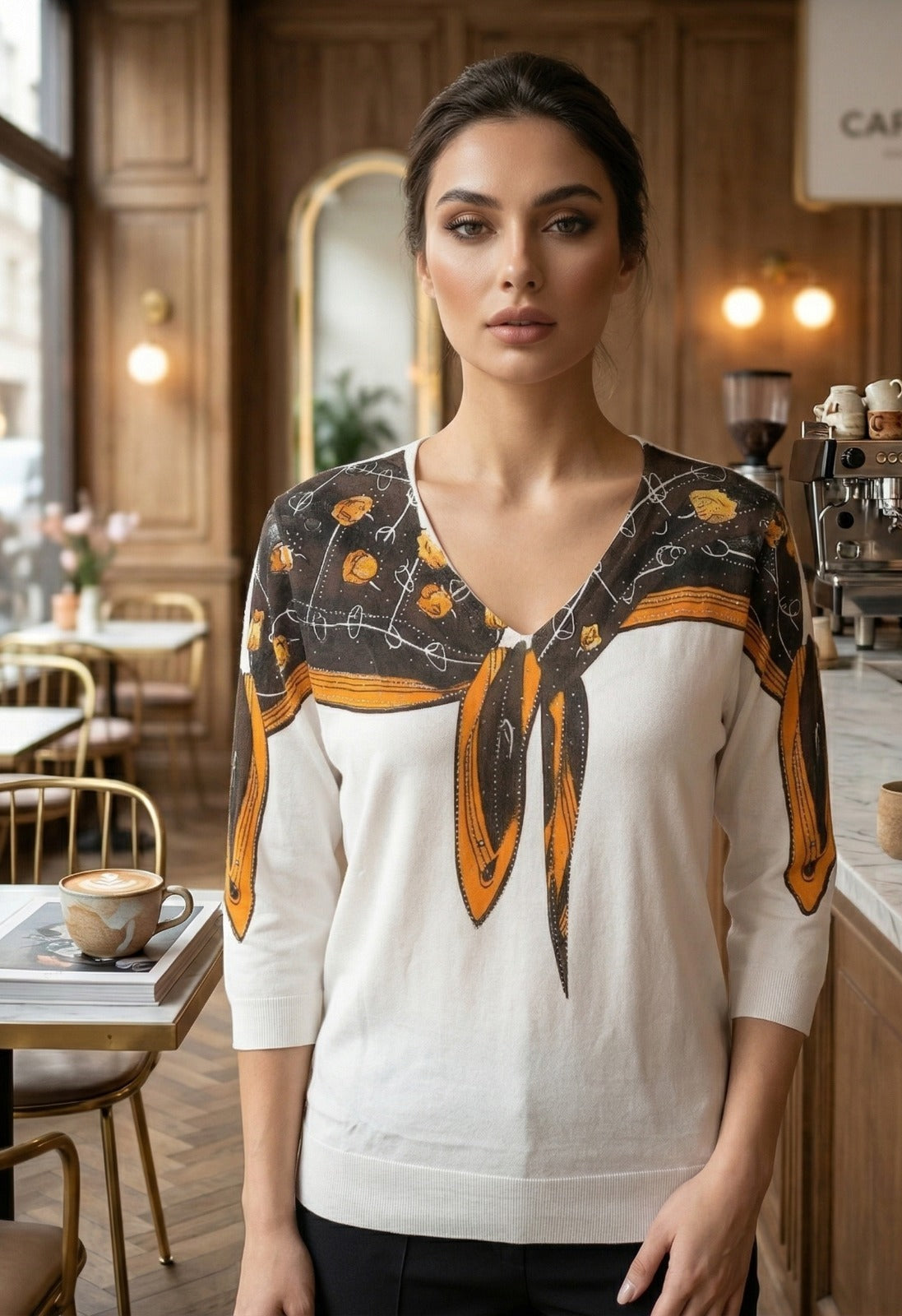 Scarf-Detail  Print V-Neck top