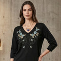 Embroidered V-Neck Knit Top with Floral Beadwork