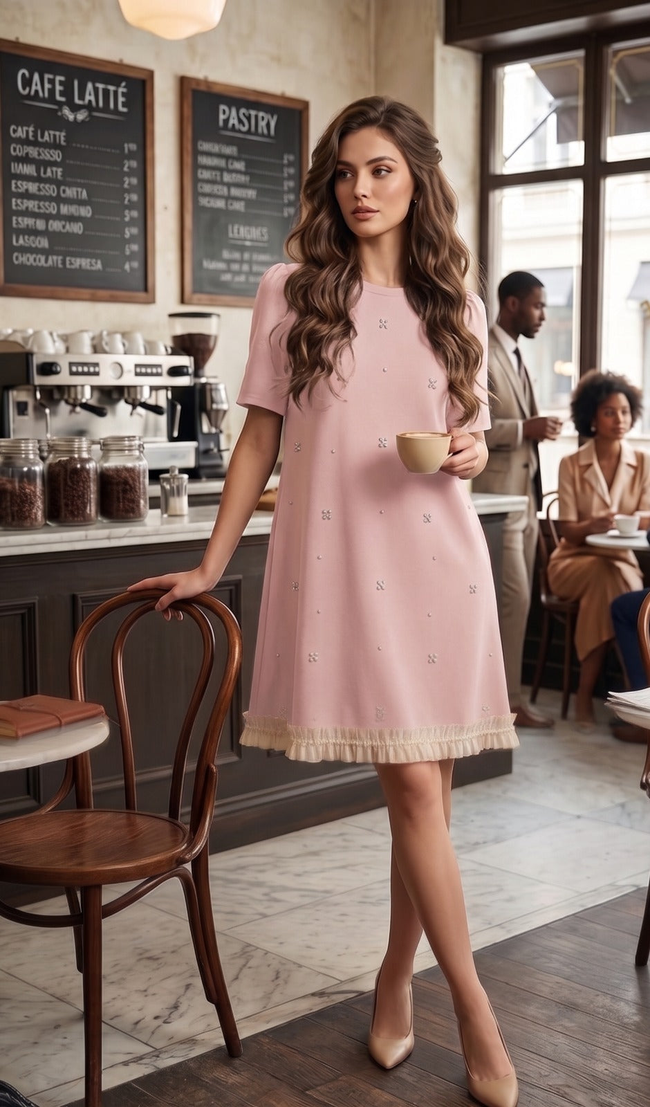 Pearl-Accent Tiered Ruffle Hem Korean Dress
