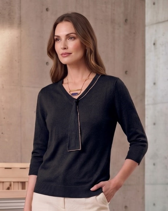 V-Neck Knit with Crystal-Trim Tie Detail top