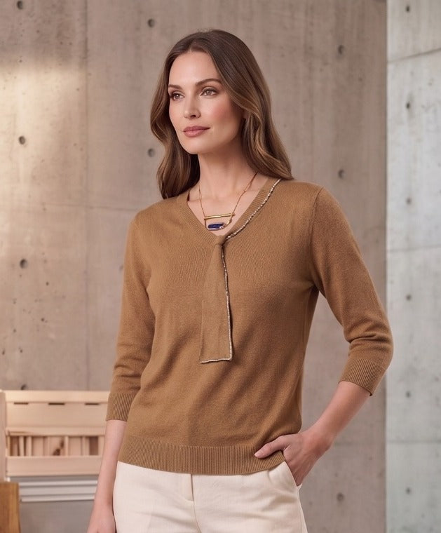 V-Neck Knit with Crystal-Trim Tie Detail top