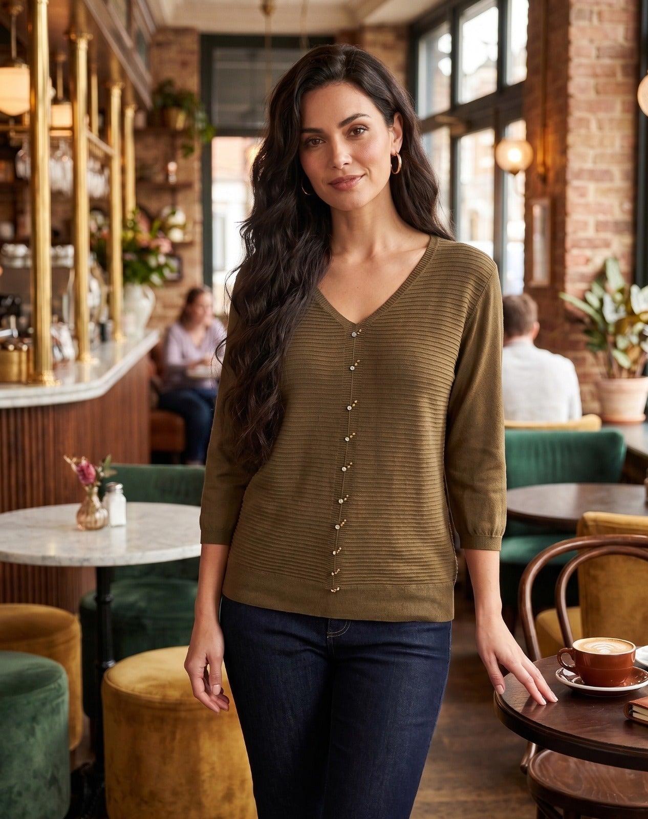 Ribbed V-Neck Knit Top with pearl and stone  Detail