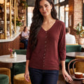 Ribbed V-Neck Knit Top with pearl and stone  Detail