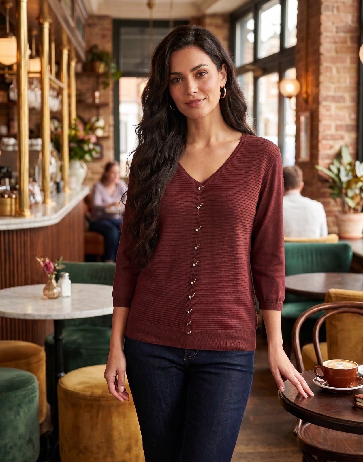 Ribbed V-Neck Knit Top with pearl and stone  Detail
