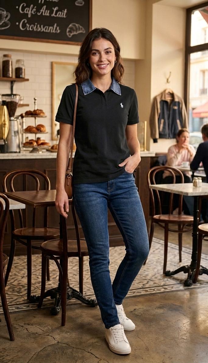 Signature embroidered denim collar tee