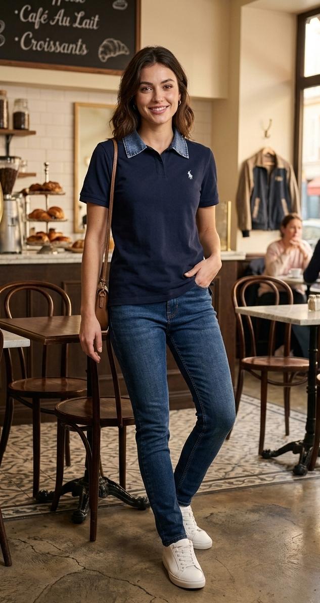 Signature embroidered denim collar tee