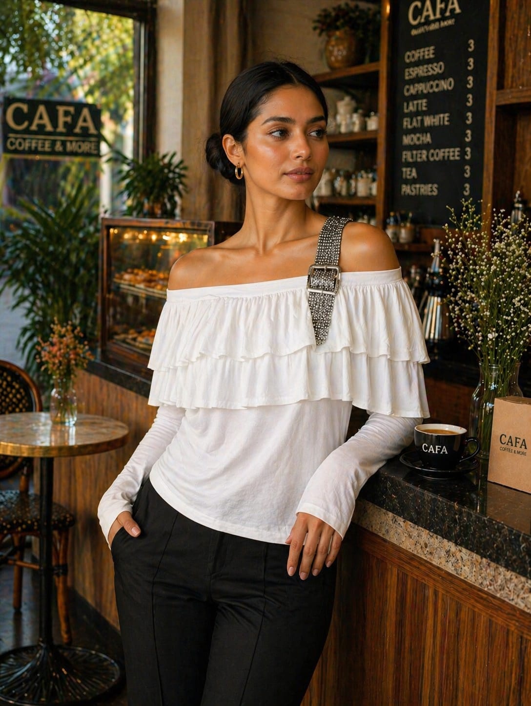 Off-the-Shoulder Tiered Ruffle Top Buckle Strap