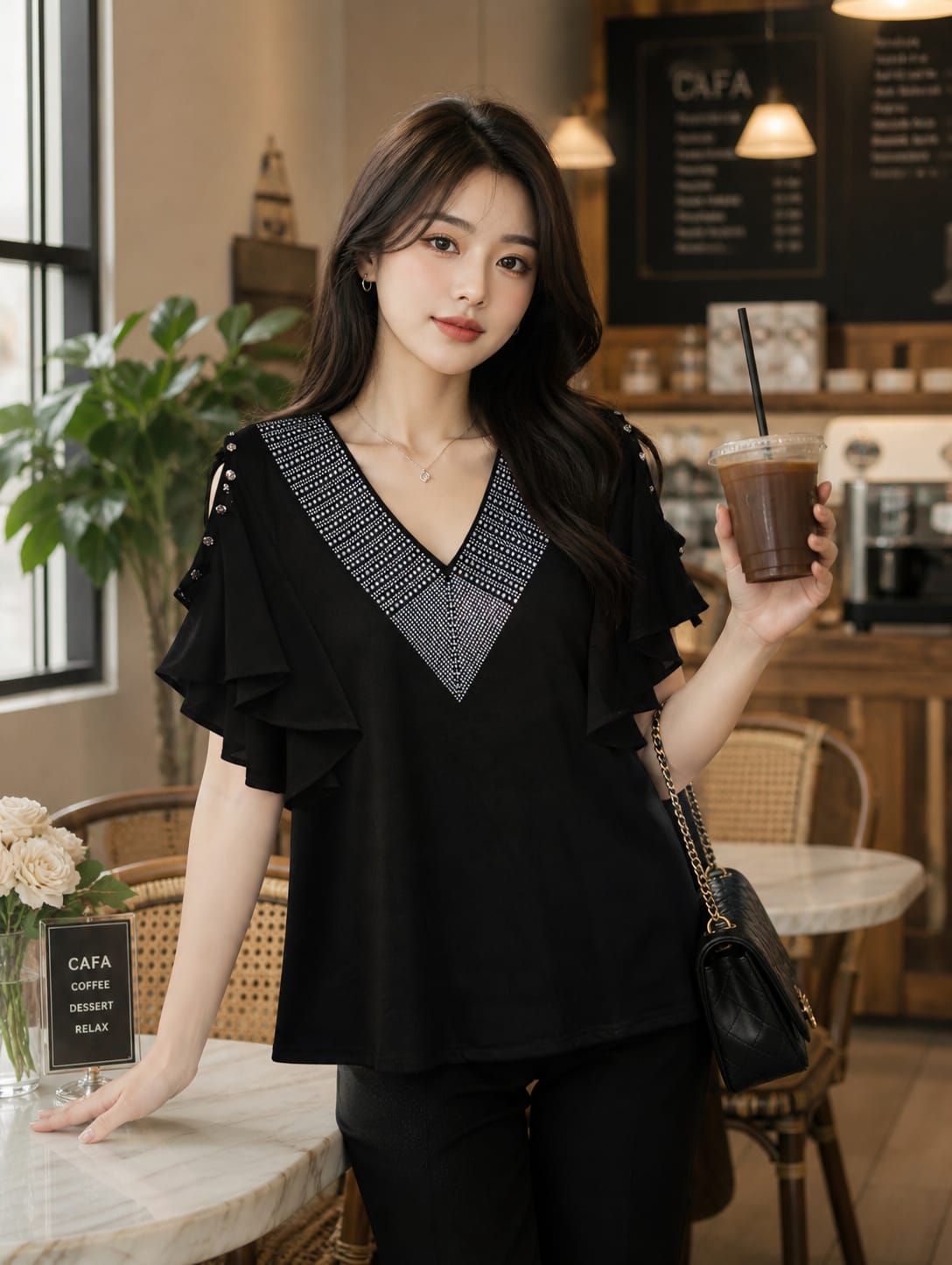 V-Neck Flutter Sleeve Blouse with Rhinestone Detail top