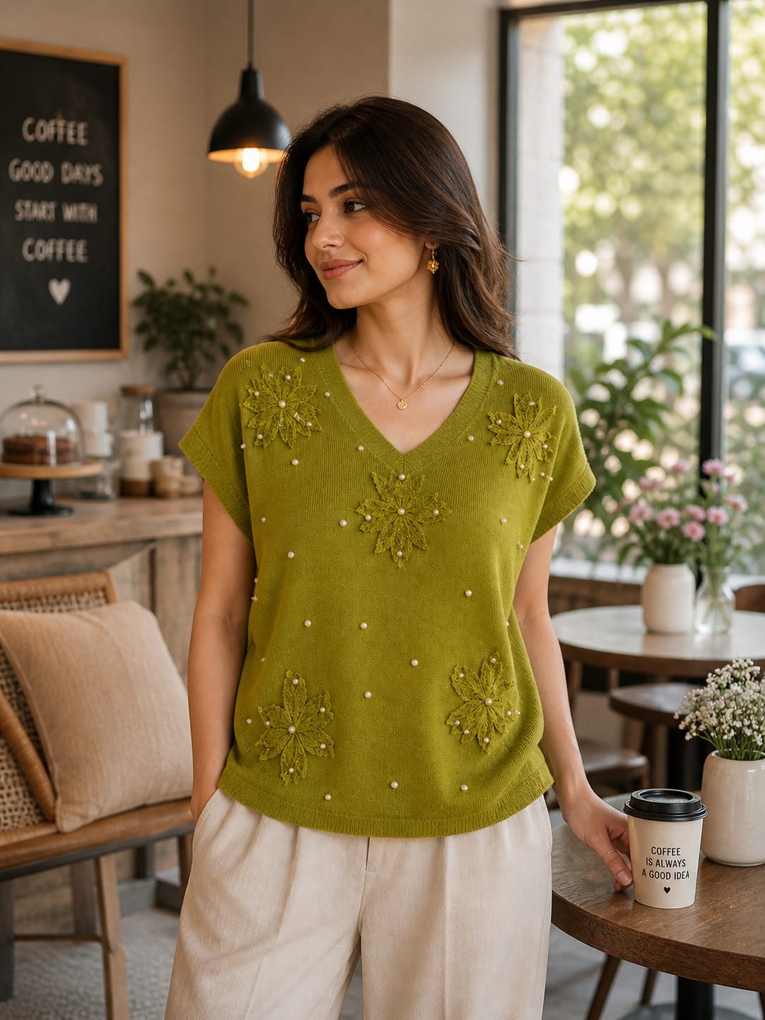 Floral Lace & Pearl Detailed V-Neck