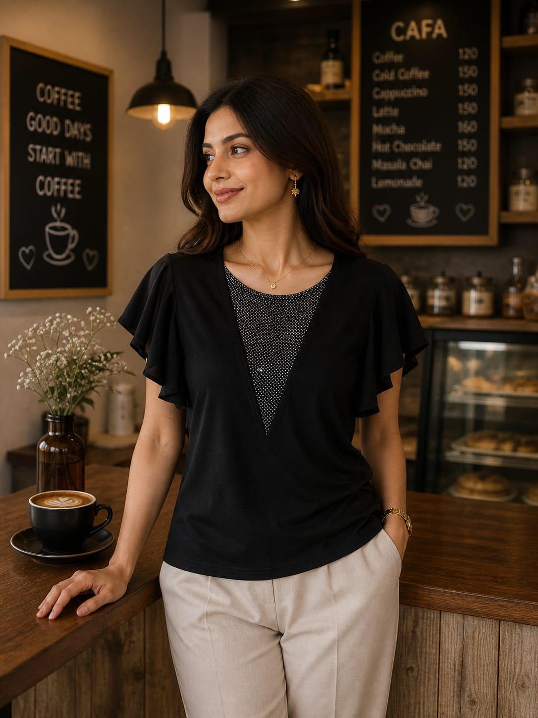 Celestial V-Neck Flutter-Sleeve Top