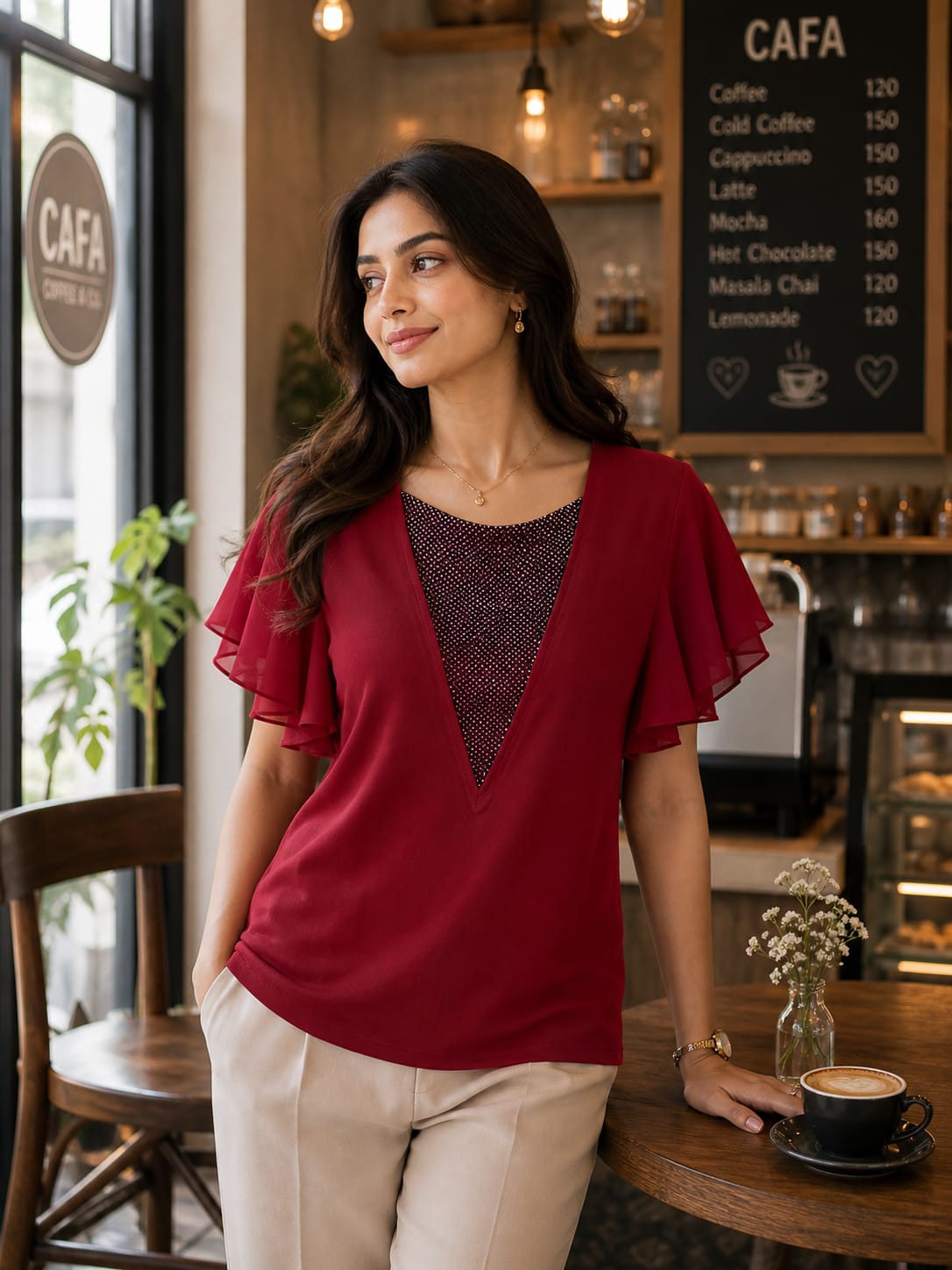 Celestial V-Neck Flutter-Sleeve Top