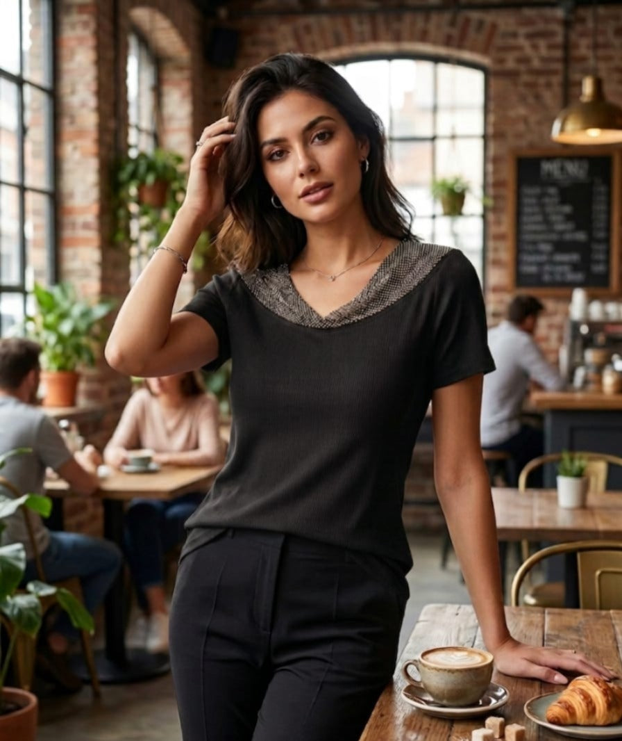 Rhinestone Embellished Cowl Neck Top