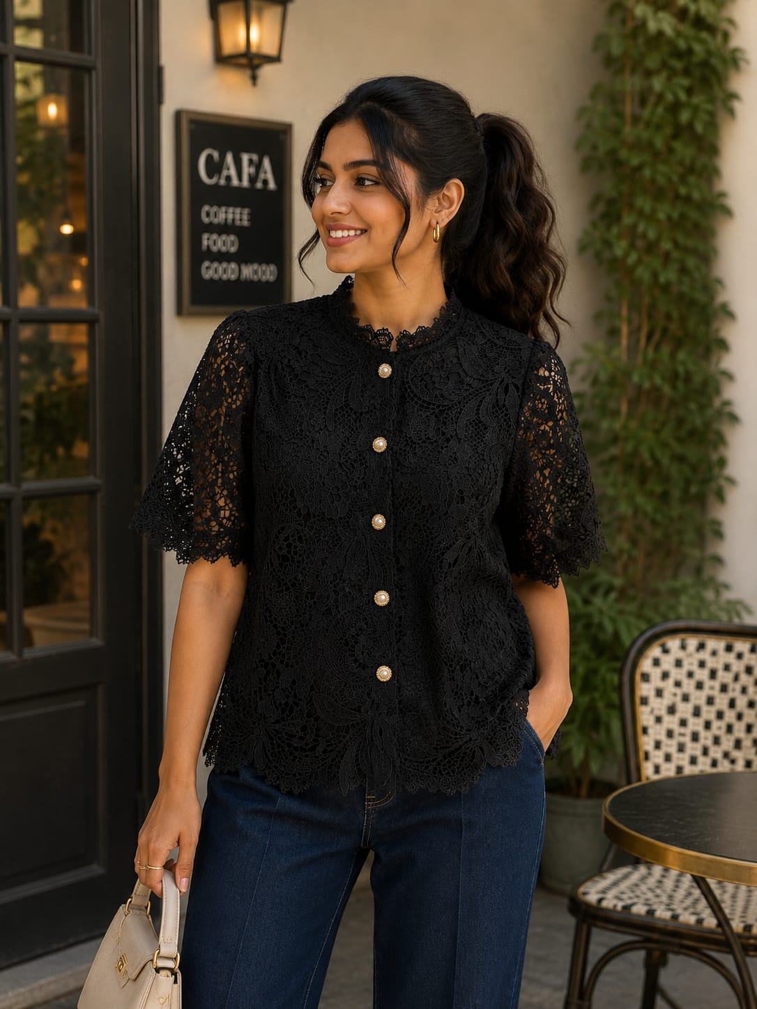 Luxe Floral  Pearl-Button Floral Lace Shirt
