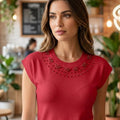 Jeweled Round-Neck Cap-Sleeve Knit top
