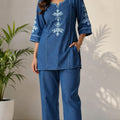 Premium Denim Co-ord Set with White Floral Embroidery and Wide-Leg Pants