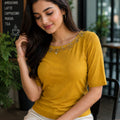 Pearl & Sequin Neckline Top with Short Sleeves