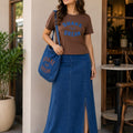 Women ,s Casual t-shirt Denim Maxi Skirt Cordset With Matching Tote Bag