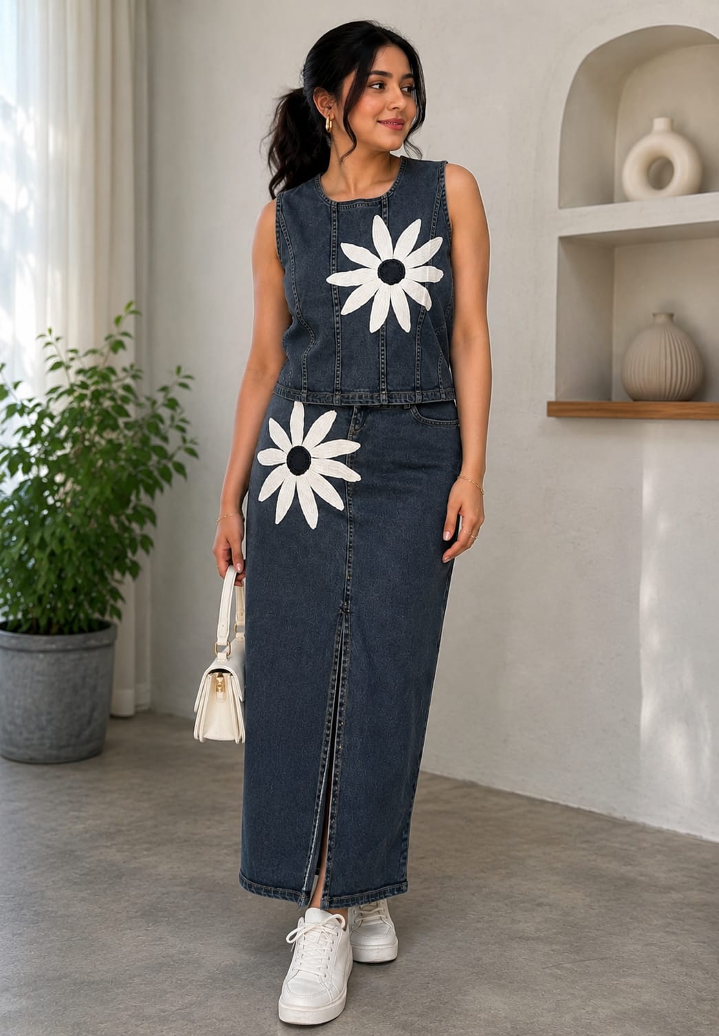 Floral Denim Crop Top And Midi  Skirt Cordset