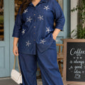 Celestial Pearl-Embroidered Denim Shirt & Wide-Leg Trouser Set