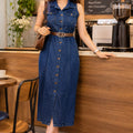 Belted Sleeveless Button-Down Denim Midi Dress