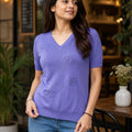 Floral Bead-Detail  V-Neck and Short Sleeve Knit Top
