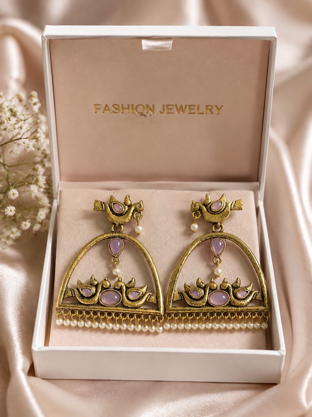 Ethnic Bird Design Arched Statement Earrings with Colored Stones & Pearl Fringe
