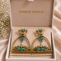 Ethnic Bird Design Arched Statement Earrings with Colored Stones & Pearl Fringe