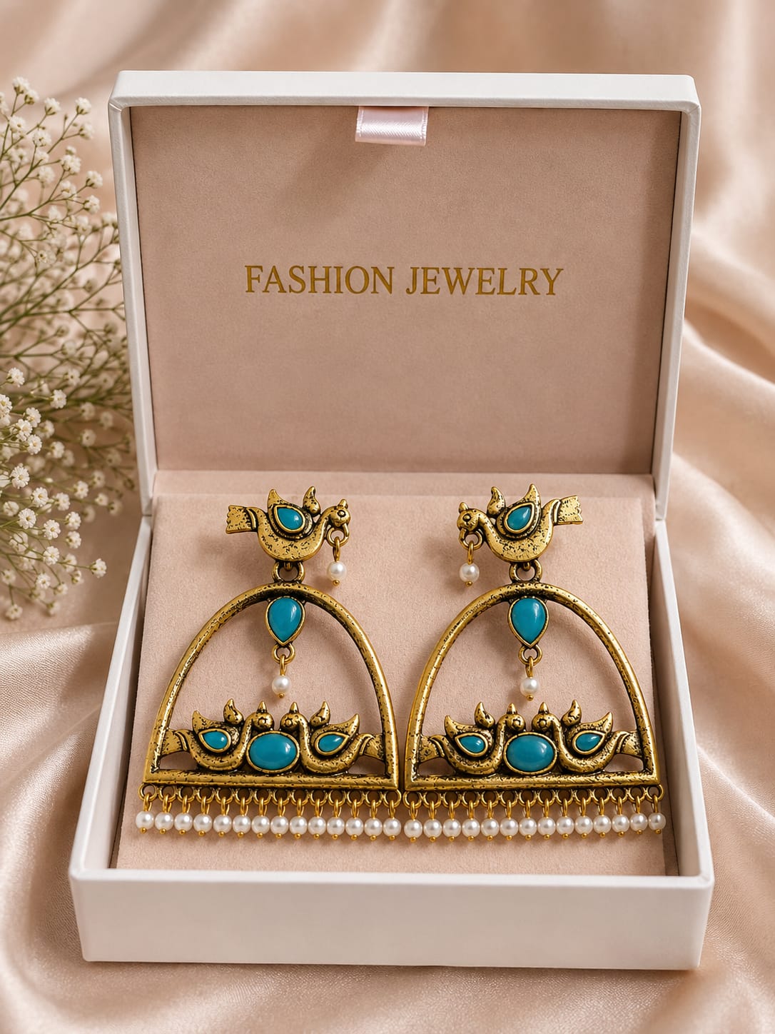 Ethnic Bird Design Arched Statement Earrings with Colored Stones & Pearl Fringe