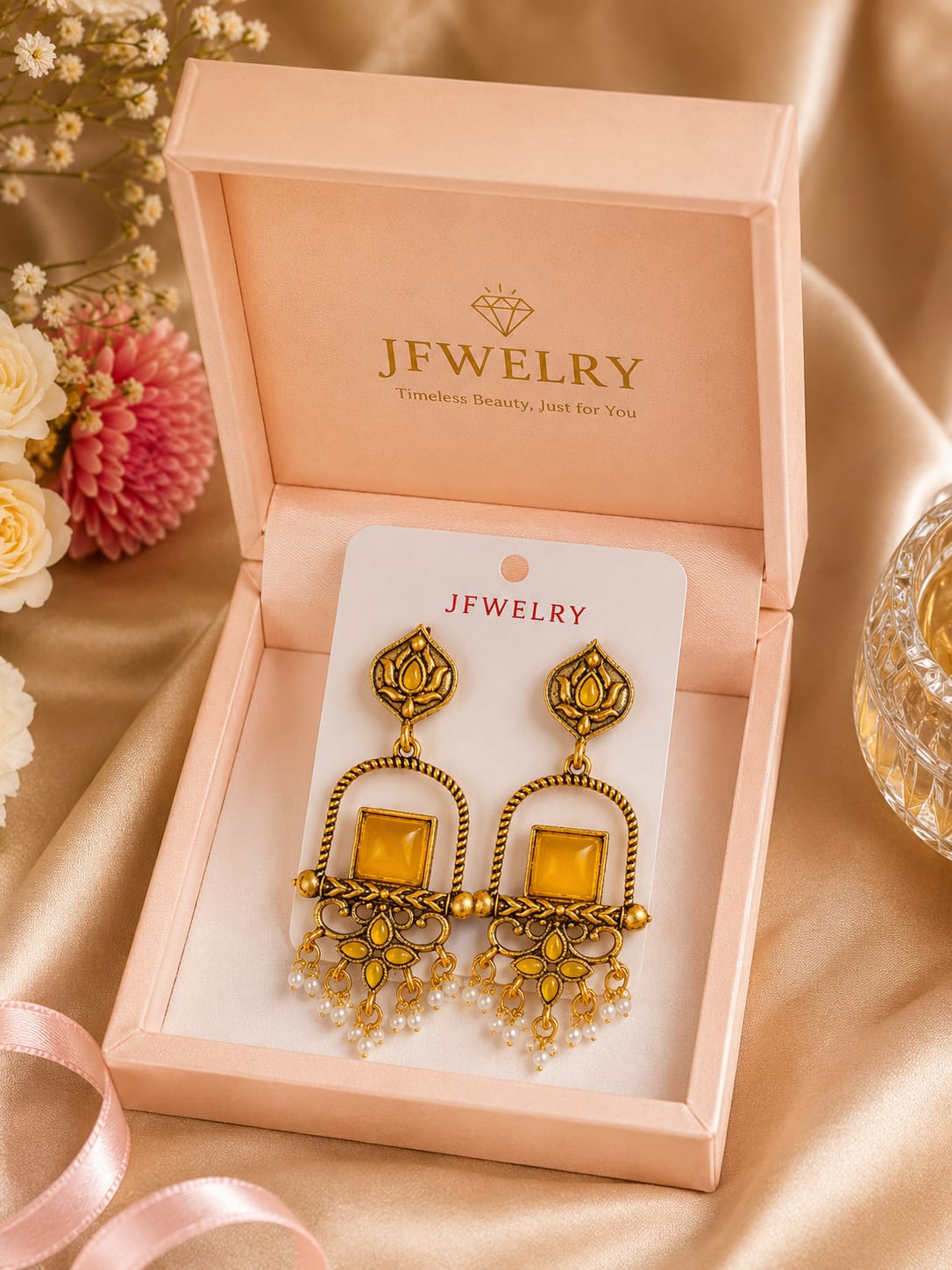 Antique Gold Lotus & Gemstone Chandelier Earrings