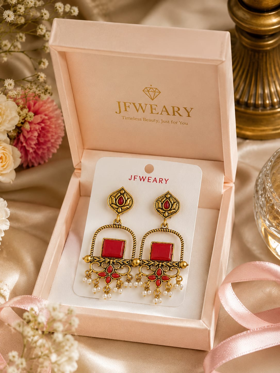 Antique Gold Lotus & Gemstone Chandelier Earrings