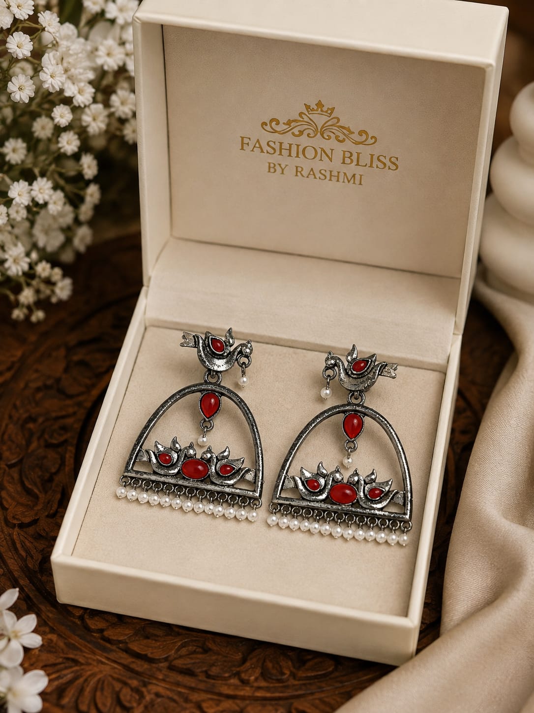 Oxidised Floral & Swan Arch Earrings
