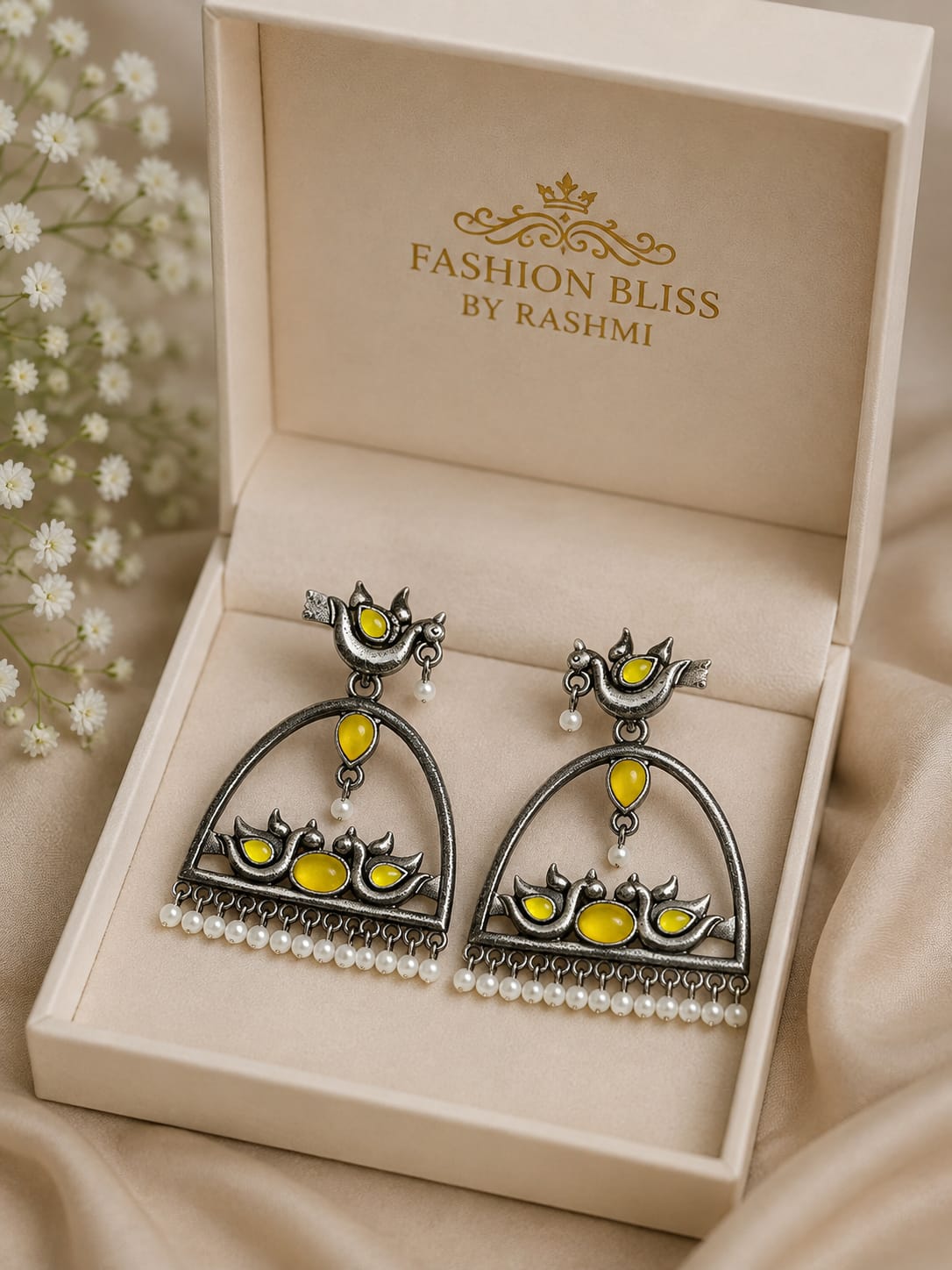 Oxidised Floral & Swan Arch Earrings