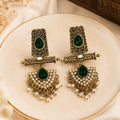 Antique Gold Teardrop Stone & Pearl Cluster Drop Earrings