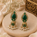 Antique Gold Green Stone Drop Earrings with Pearl Details