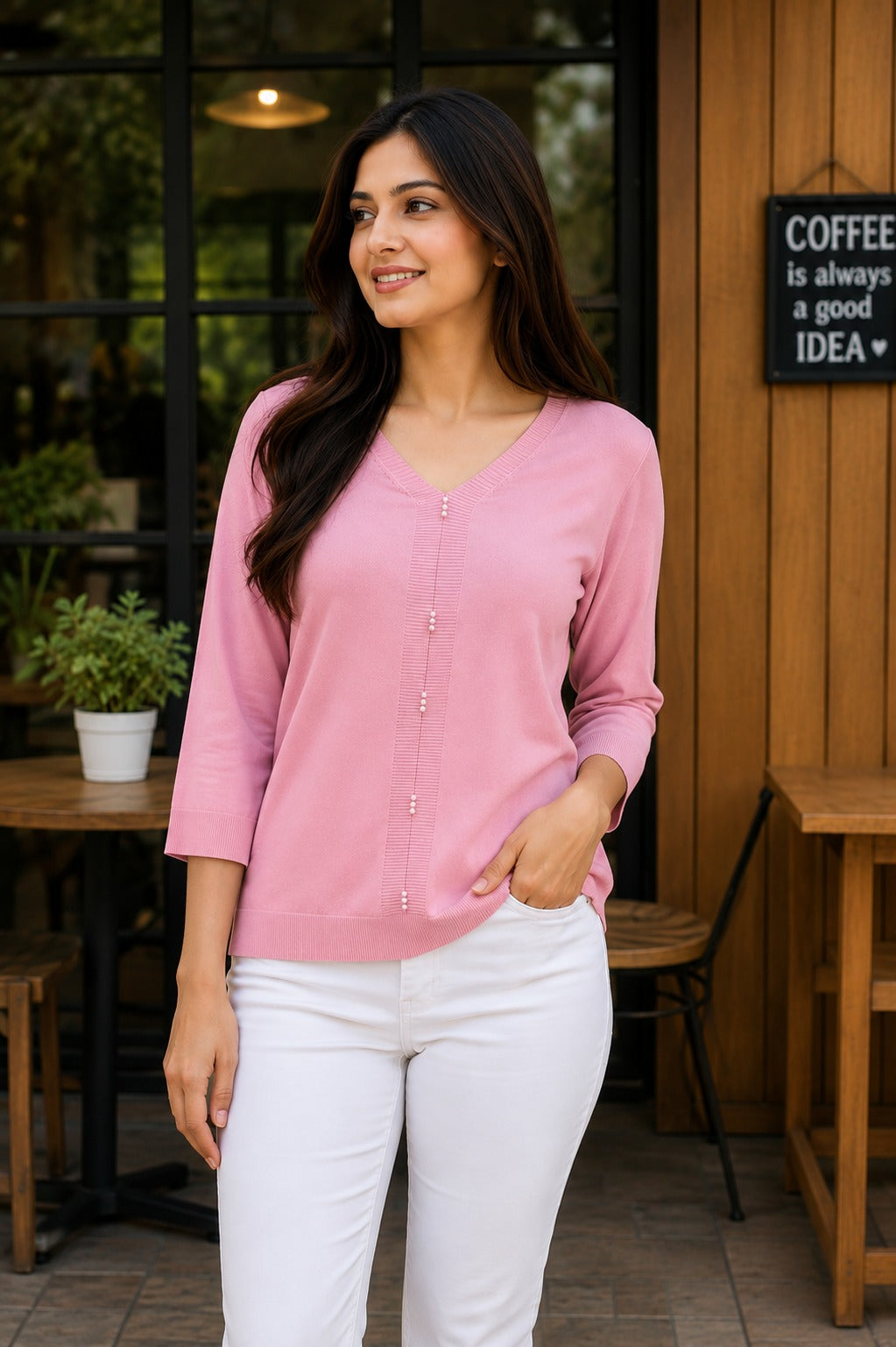 V-Neck Pearl -Detail V-Neck Fine Knit Top